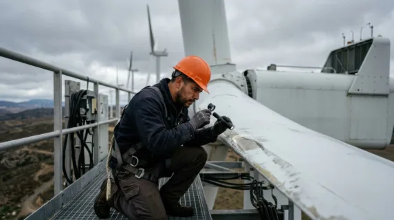 a 35-year-old hispanic male wind turbine technician, intently inspecting a wind turbine blade for safety, set in a realistic outdoor environment with the turbine towering