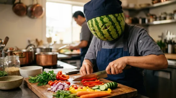a close-up of an asian female chef with a watermelon head as she focuses intently on slicing fresh, colorful vegetables for a summer salad. the kitchen's warm, soft light