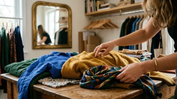 a close-up detail shot of the personal stylist's hands as she carefully arranges pieces of clothing on a table, highlighting the textures and vibrant colors of the
