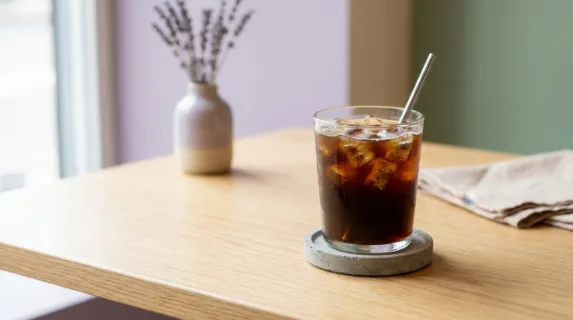 in a bold, graphic composition, a focused view of the iced americanos on a well-lit table creates generous negative space around the cup, enhancing visual clarity. the