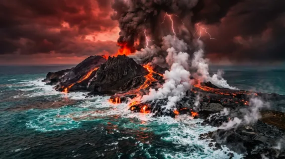 A primordial volcanic island emerging from the ocean mid-eruption, rivers of glowing orange lava meeting cold seawater in explosive steam columns rising hundreds of