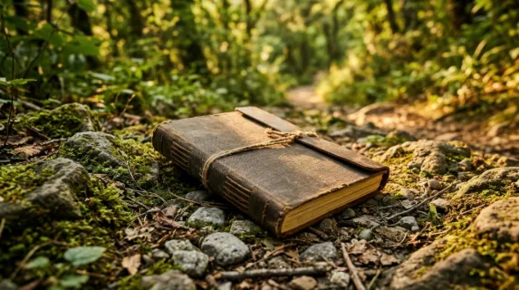 a low angle view of a closed notebook positioned on a rugged trail, emphasizing its textured cover amidst scattered stones and moss. the natural elements create an