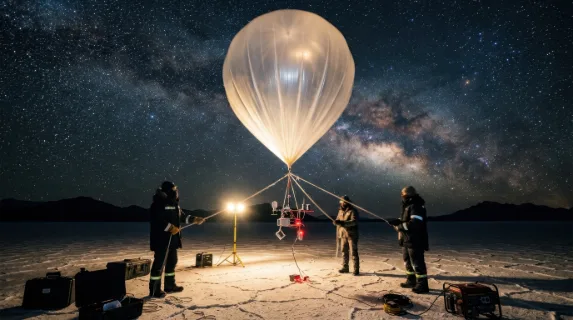 A night launch of a high-altitude weather balloon from a remote salt flat, the balloon at half-inflation towering six meters overhead catching portable floodlight, a team