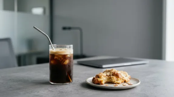 a graphic commercial composition featuring the glass of cold brew coffee against the soft gray backdrop of the corporate setting, with generous negative space for text