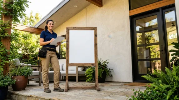 from a low angle, the camera captures the contractor standing beside the blank construction sign, creating a dynamic perspective of the stylish patio. bright natural