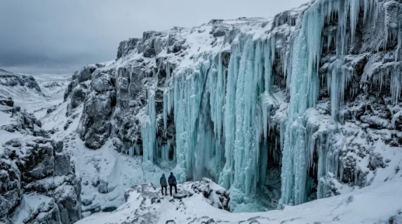 A frozen waterfall in mid-winter, the entire cascade locked in suspended motion with translucent blue-green ice columns of varying thickness descending from an unseen