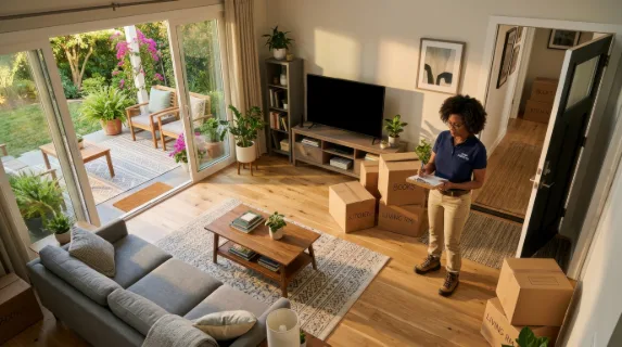 an overhead view of the living room showcases the 44-year-old black female home inspector engaging with her clipboard at the entrance while the stylishly furnished space