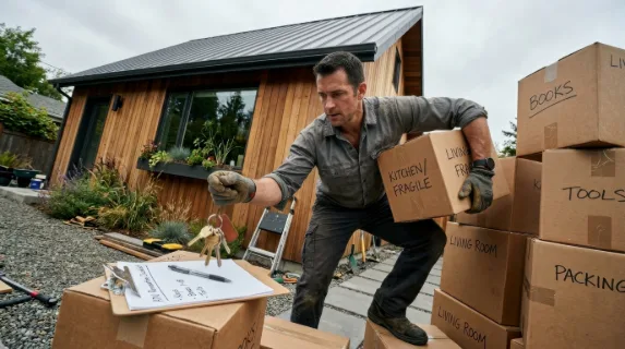 a candid low-angle perspective of the mover stacking boxes, with keys captured mid-motion as they are about to be placed onto a clipboard. this dynamic angle offers a