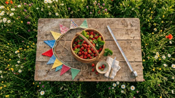 a distinct secondary angle featuring an overhead view of the rustic wooden table with the wicker basket of strawberries resting beside measuring tape and vibrant flags in