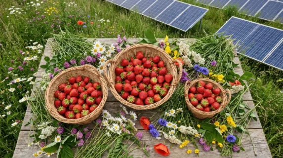 a distinctive overhead flat lay view of the baskets filled with strawberries complemented by wildflowers and solar panels peeking out from the landscape, presenting a