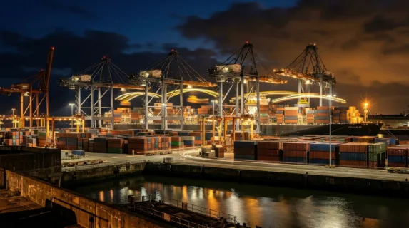 An automated container port at 2am photographed from a harbour wall, rows of ship-to-shore cranes standing at attention like steel dinosaurs above a massive container