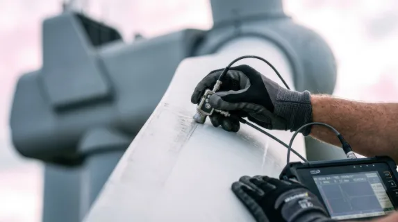 an extreme close-up of a wind technician's hands skillfully using sleek precision tools to inspect the integrity of wind turbine blades, set against a backdrop of cool