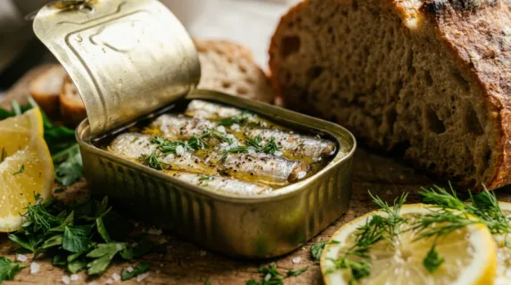 a tight focus on the rustic wooden board holding the crusty loaf of bread and opened tin of sardines, with slices of yellow lemon artfully arranged around it. the fresh