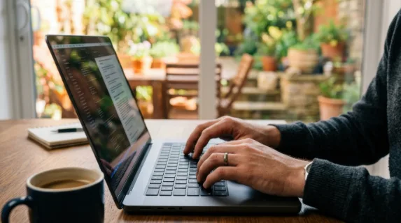 tight focus on the male remote worker's hands as he types intently on his laptop, revealing his engagement in work. the stylish home office desk is visible, with the