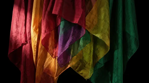 Abstract composition of layered translucent silk fabric panels in deep jewel tones, crimson, amber and emerald layers overlapping and creating complex secondary colors
