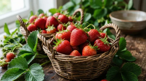 a close-up detail shot of freshly picked strawberries nestled in rustic baskets surrounded by green foliage, capturing the vibrant red color against rich earthy tones