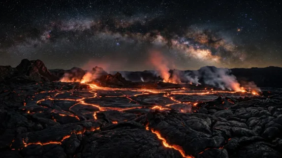 A volcanic lava field at night where fresh lava channels glow orange beneath a cracked black crust, steam vents releasing white plumes that catch the ambient red light,