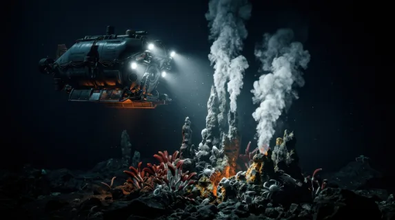A deep-sea submersible hovering motionless above a hydrothermal vent field on the ocean floor, mineral chimneys exhaling billowing white plumes into pitch-black water,