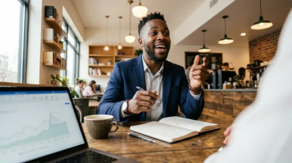 a low angle view of the 30-year-old black male project manager in the coworking space, emphasizing his engagement and body language during the conversation, with cozy caf
