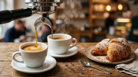 a close-up shot of the espresso shots being artfully poured into small white cups, steam rising into the air creates a sense of warmth. the wooden table is visible with