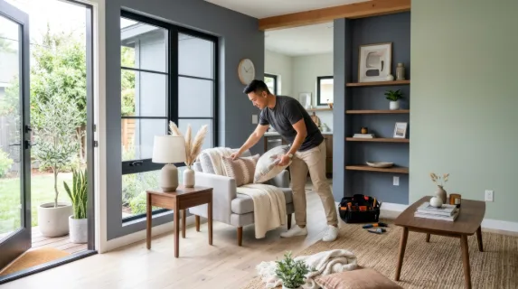 a 27-year-old asian male home stager is actively decorating an empty living room within a contemporary adu. the composition includes the welcoming door and surrounding