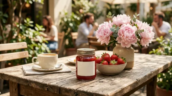 a serene outdoor cafe table set under warm sunlight, capturing the essence of fresh coffee and conversation. the focus is on a blank-label strawberry jam jar resting on a