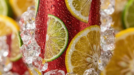 an extreme close-up of a blank slim can glistening with condensation, positioned prominently amidst vibrant slices of fresh yuzu and lime. the inviting brightness of the