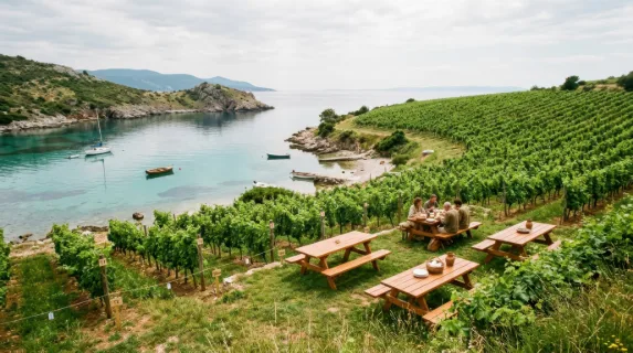 a serene cove with crystal-clear waters reflecting bright sunlight, featuring smooth wooden picnic tables arranged within a lush vineyard, surrounded by vibrant green
