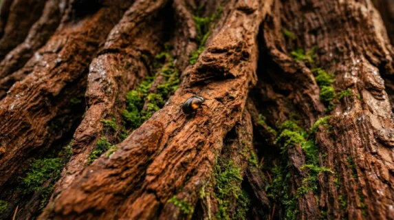 A giant sequoia trunk base photographed in extreme close-up, deeply furrowed cinnamon-red bark forming a landscape of its own with ridges and valleys stretching beyond