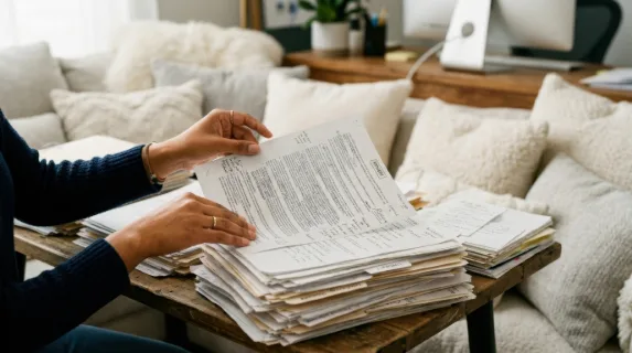 a close-up of the focused latinx female assistant's hands as she sifts through stacks of paperwork, surrounded by soft, cloud-like cushions that create a tranquil