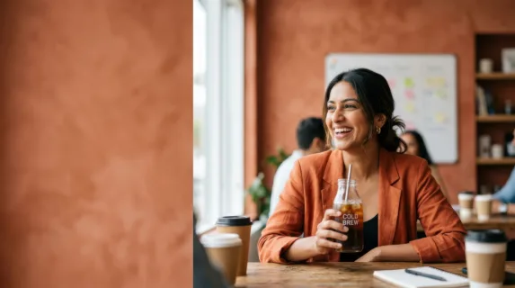 a bold and clean composition showcasing a 30-year-old south asian female team leader in the lower right quadrant, smiling while holding a cold brew coffee during a