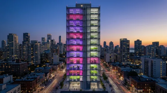 A vertical urban farm tower photographed in cross-section at dusk, thirty stacked growing levels each lit by a different spectrum of grow lighting  violet, pink, white