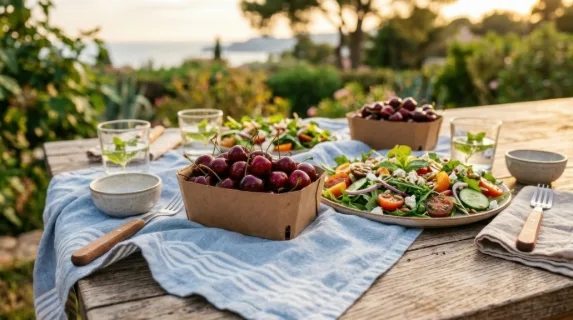 a distinctive side angle shot of cherries in paper punnets with the vibrant salad artistically arranged around them. the soft blue picnic cloth is gracefully draping