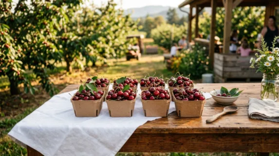 a sunlit outdoor scene showcasing vibrant fresh cherries arranged neatly in paper punnets, centrally placed on a warm wooden table. the composition features a crisp white