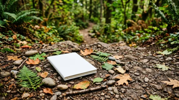 a bold, graphic composition featuring the closed notebook on a rocky hiking trail. the notebook's white cover stands out against the vibrant greens and warm earthy tones