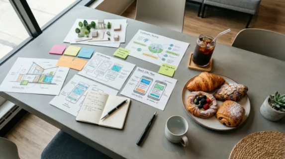 an overhead view of the sleek table, featuring mockups of innovative project ideas and a glass of cold brew coffee prominently placed beside a selection of fresh pastries