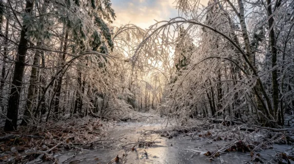 A winter forest after a freezing rain event, every branch twig and needle encased in a perfectly transparent ice sleeve, the forest transformed into a glass sculpture