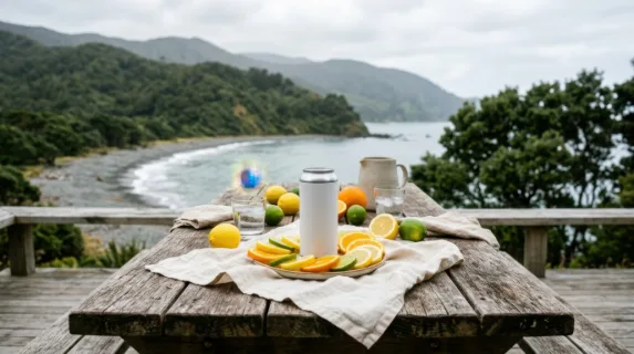 a serene outdoor scene capturing a rustic wooden table set against a tranquil coastal backdrop. a blank beverage can sits prominently in the center, surrounded by vibrant