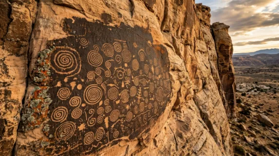 A desert varnish panel on a sandstone cliff face covered in ancient spiral petroglyphs, the dark manganese coating carved through to reveal pale orange rock beneath,