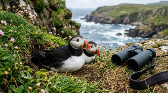 a close-up detail of atlantic puffins resting on their cliffside nests, highlighting their colorful beaks and distinctive markings against lush green grass. the texture