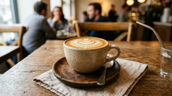 a close-up shot of the beautifully crafted flat white on the table, showcasing elegant foam art with layered patterns, creating a touch of artistry at the breakfast