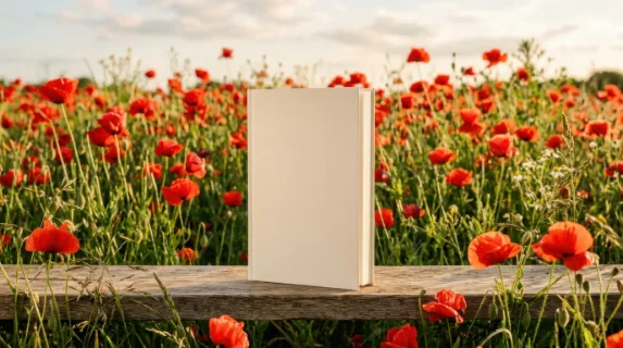a bold and clean composition focusing prominently on the blank paperback cover, positioned in the center against a backdrop of vibrant red poppies. generous negative