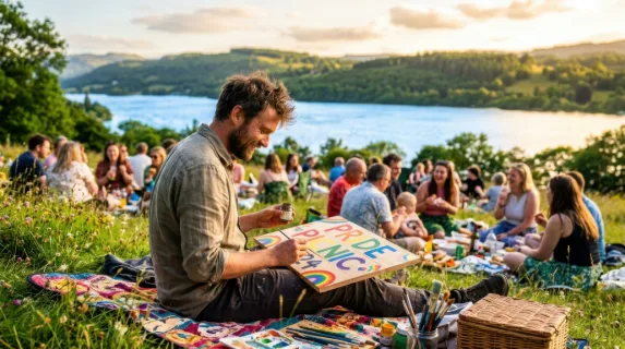 a distinct side view captures the joy of the picnic from a low angle, with the artist focused on his pride sign while friends and family enjoy their time in the