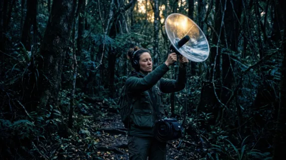 A bioacoustics researcher alone in a rainforest interior at dawn, headphones on and eyes closed, arms slightly raised holding a parabolic dish microphone toward the