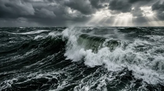 Stormy ocean surface viewed from sea level, massive dark green waves cresting and breaking in slow-motion fury, white foam trails racing across the water, dramatic storm