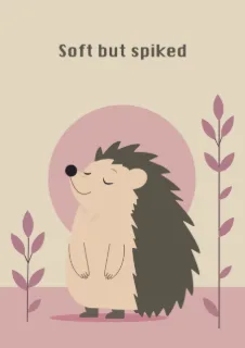 A charming illustration of a contented hedgehog, featuring a minimalist design with muted pastel tones and botanical accents