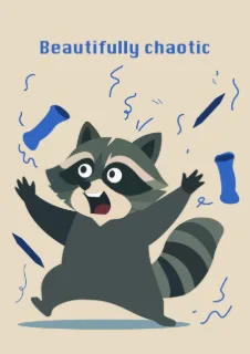 A whimsical illustration depicts a raccoon with wide eyes and an open mouth amidst a flurry of blue cylindrical objects and squiggly lines
