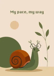 A whimsical illustration of a snail with spectacles and a shell, set against a minimalist background with a sun and plant elements