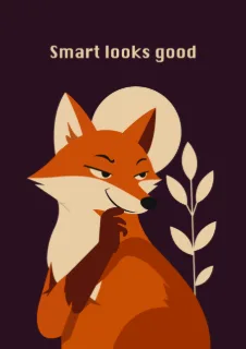A stylized illustration of a cunning fox with its paw on its chin, conveying intelligence and slyness against a dark background