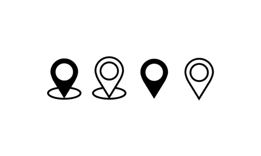 A set of four distinct map marker icons, showcasing variations in style and fill for location representation